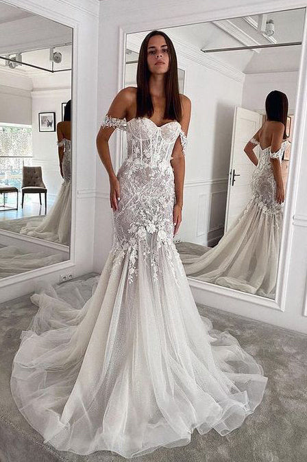 Ivory Off The Shoulder Mermaid Floral Tulle Wedding Dress