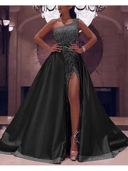 One Shoulder Sequin Detachable Train Prom Dress