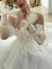 White Long Sleeve Tulle High Neck Wedding Dress