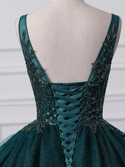 Ball Gown Prom Dresses Sparkle & Shine Dress Quinceanera Floor Length Sleeveless V Neck Tulle with Sequin Appliques