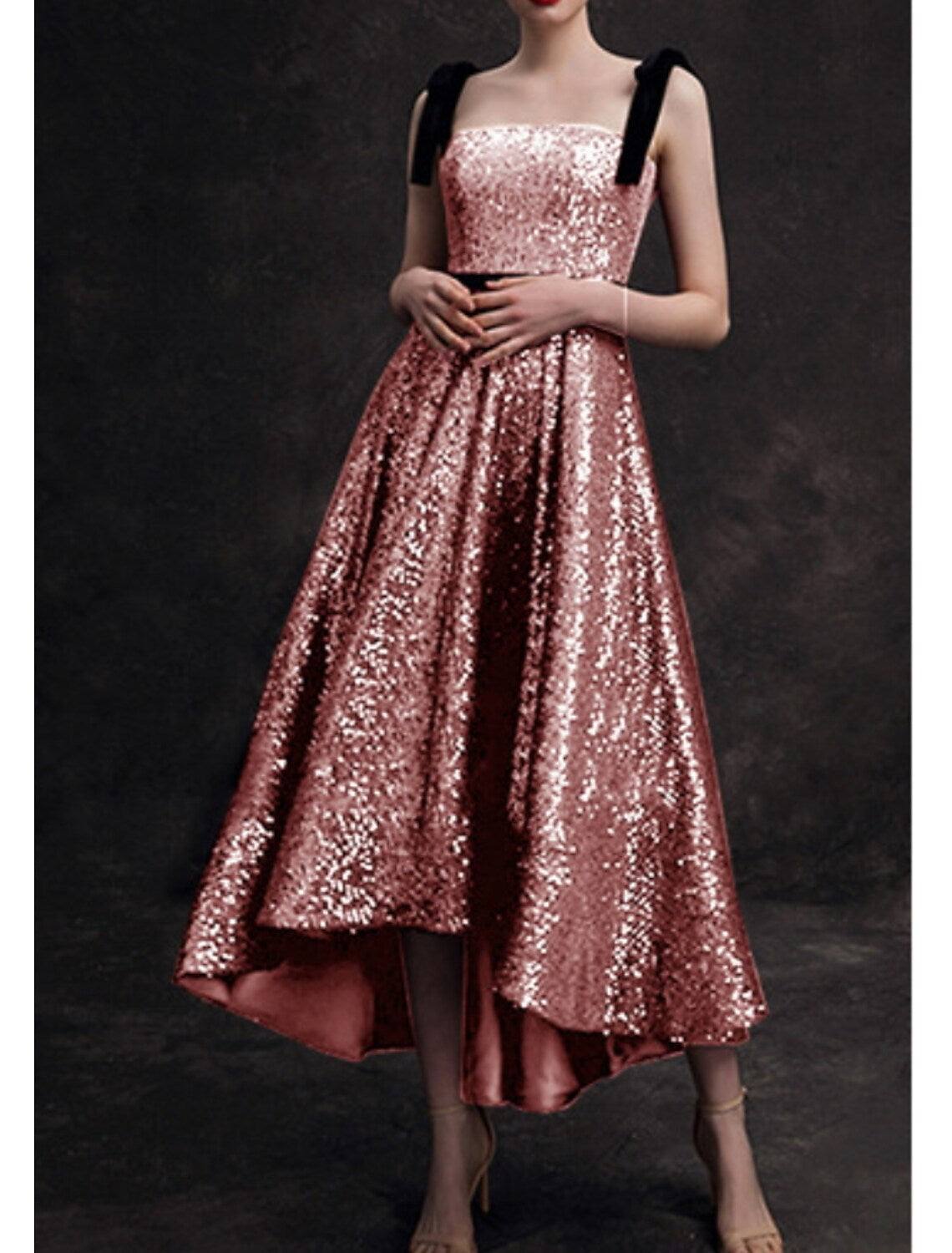 A-Line Bridesmaid Dress Spaghetti Strap / Strapless Sleeveless Elegant Asymmetrical / Ankle Length Sequined with Pleats - RongMoon