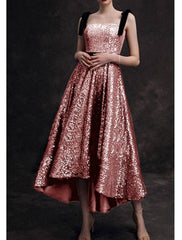A-Line Bridesmaid Dress Spaghetti Strap / Strapless Sleeveless Elegant Asymmetrical / Ankle Length Sequined with Pleats - RongMoon