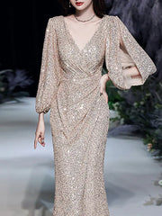 Gold Long Sleeve Sequin Prom Dress With Slit