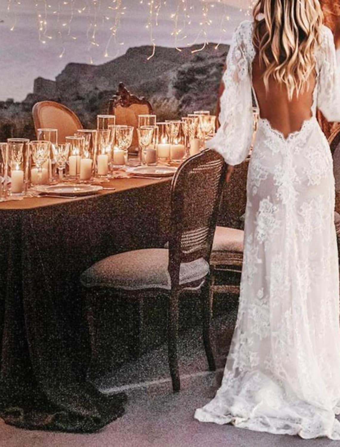 Beach A-Line Wedding Dresses Sweep / Brush Train Boho Sexy Long Sleeve V Neck Lace With Appliques Split Front - RongMoon