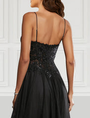 A-Line Prom Black Dress Floral Dress Party Wear Wedding Party Floor Length Sleeveless Spaghetti Strap Tulle with Glitter Slit