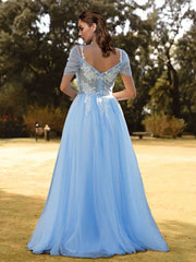 Bule Slit Floral A Line Tulle Prom Dress