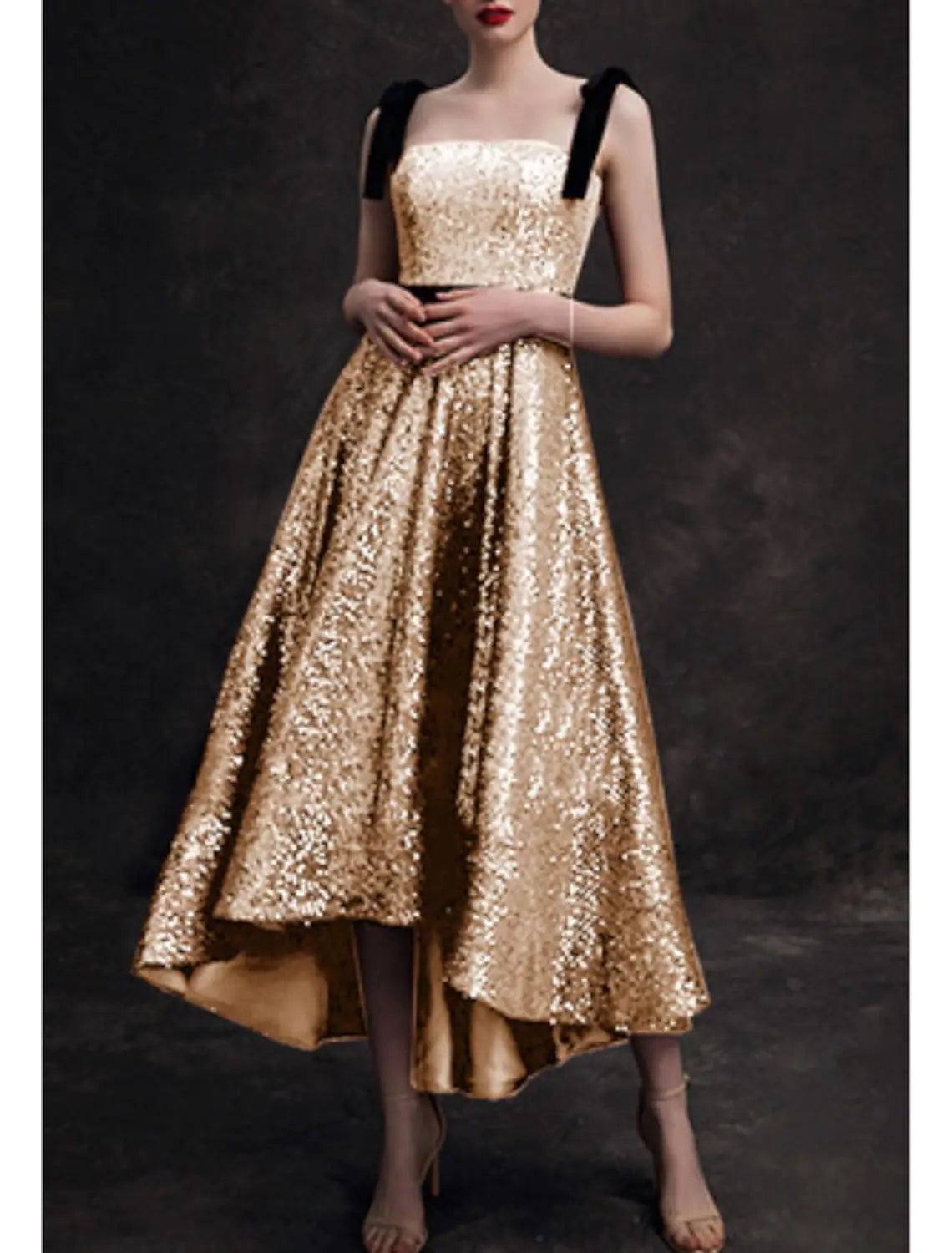 A-Line Bridesmaid Dress Spaghetti Strap / Strapless Sleeveless Elegant Asymmetrical / Ankle Length Sequined with Pleats - RongMoon