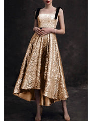 A-Line Bridesmaid Dress Spaghetti Strap / Strapless Sleeveless Elegant Asymmetrical / Ankle Length Sequined with Pleats - RongMoon