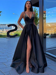 Blue Beading Spaghetti Strap Satin Prom Dress
