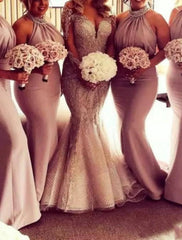 Mermaid / Trumpet Bridesmaid Dress Halter Neck Sleeveless Elegant Sweep / Brush Train Stretch Chiffon with Beading / Solid Color - RongMoon