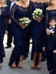 Mermaid / Trumpet Bridesmaid Dress Off Shoulder Long Sleeve Elegant Asymmetrical / Floor Length Lace with Pleats / Solid Color - RongMoon