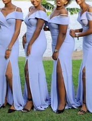 Mermaid / Trumpet Bridesmaid Dress Off Shoulder Short Sleeve Elegant Sweep / Brush Train Stretch Chiffon with Split Front / Solid Color - RongMoon