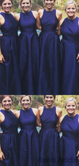 Simple Navy Blue Sleeveless Satin Jewel Floor Length Long Bridesmaid Dress.DB10011
