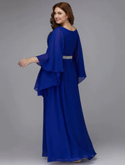 A-Line Plus Size Dress Wedding Guest Formal Evening Floor Length Long Sleeve V Neck Chiffon Lace-up with Crystals Sequin