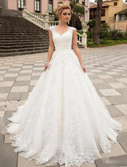 Engagement Open Back Formal Wedding Dresses Ball Gown Illusion Neck Cap Sleeve Sweep / Brush Train Lace Bridal Gowns With Appliques