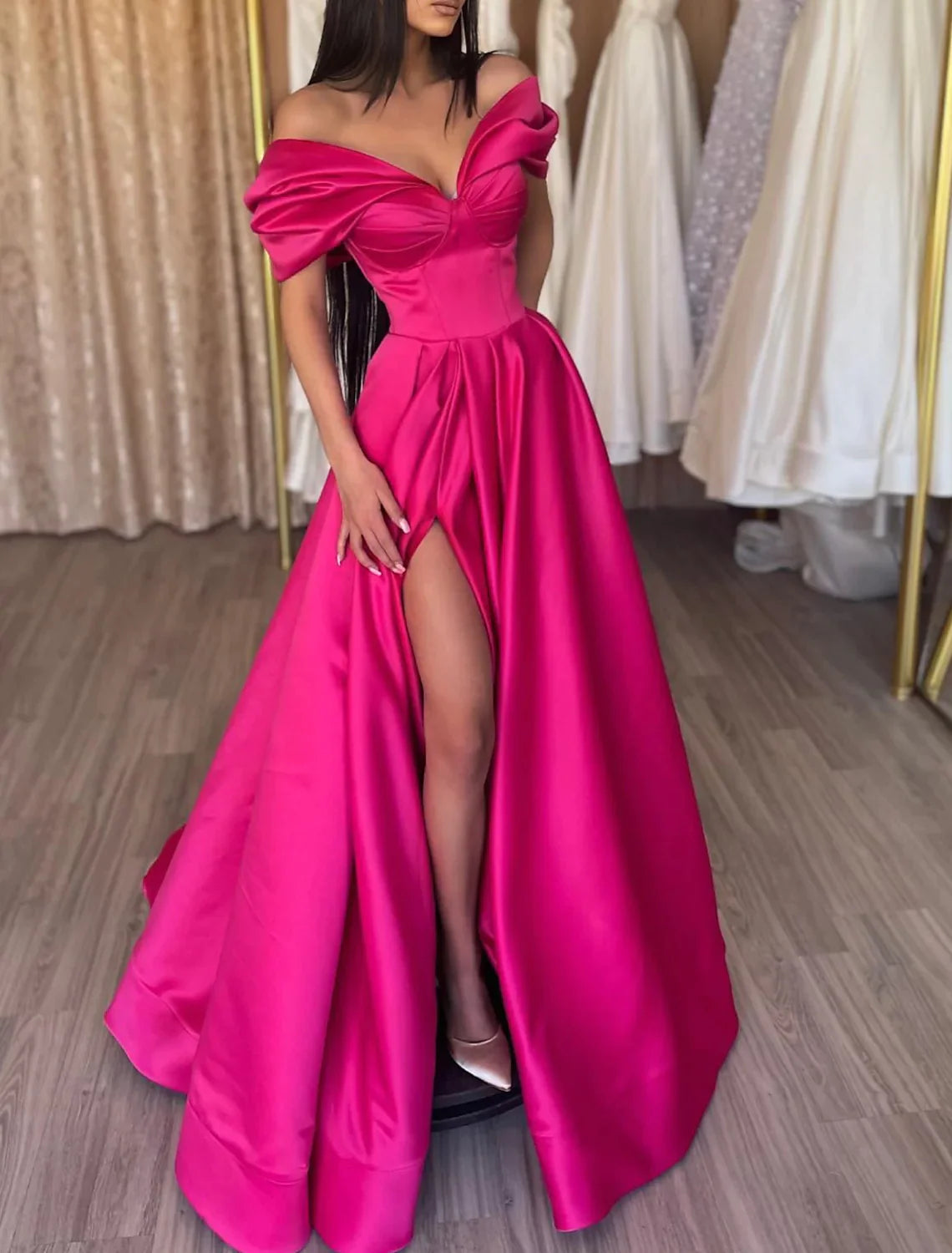 High Split Fuchsia Short Sleeve Prom Satin with Slit