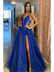 A-Line Prom Dresses Sexy Dress Formal Sweep / Brush Train Sleeveless V Neck Detachable Tulle Backless with Pleats Appliques