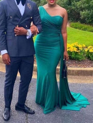 Mermaid / Trumpet Bridesmaid Dress One Shoulder Sleeveless Elegant Sweep / Brush Train Spandex with Draping / Solid Color - RongMoon