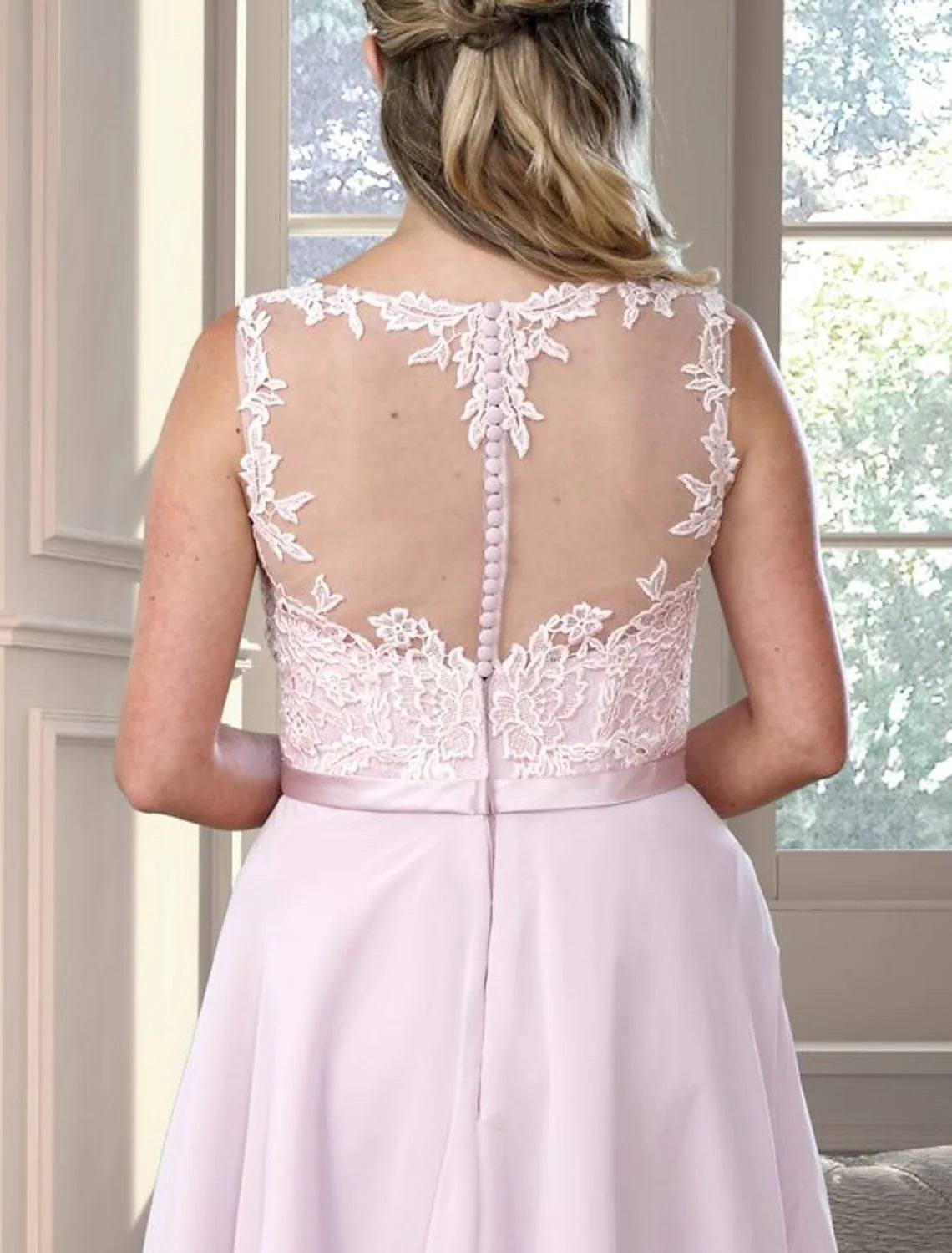 A-Line Bridesmaid Dress Illusion Neck Sleeveless Plus Size Floor Length Chiffon with Appliques - RongMoon