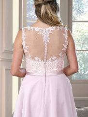 A-Line Bridesmaid Dress Illusion Neck Sleeveless Plus Size Floor Length Chiffon with Appliques - RongMoon