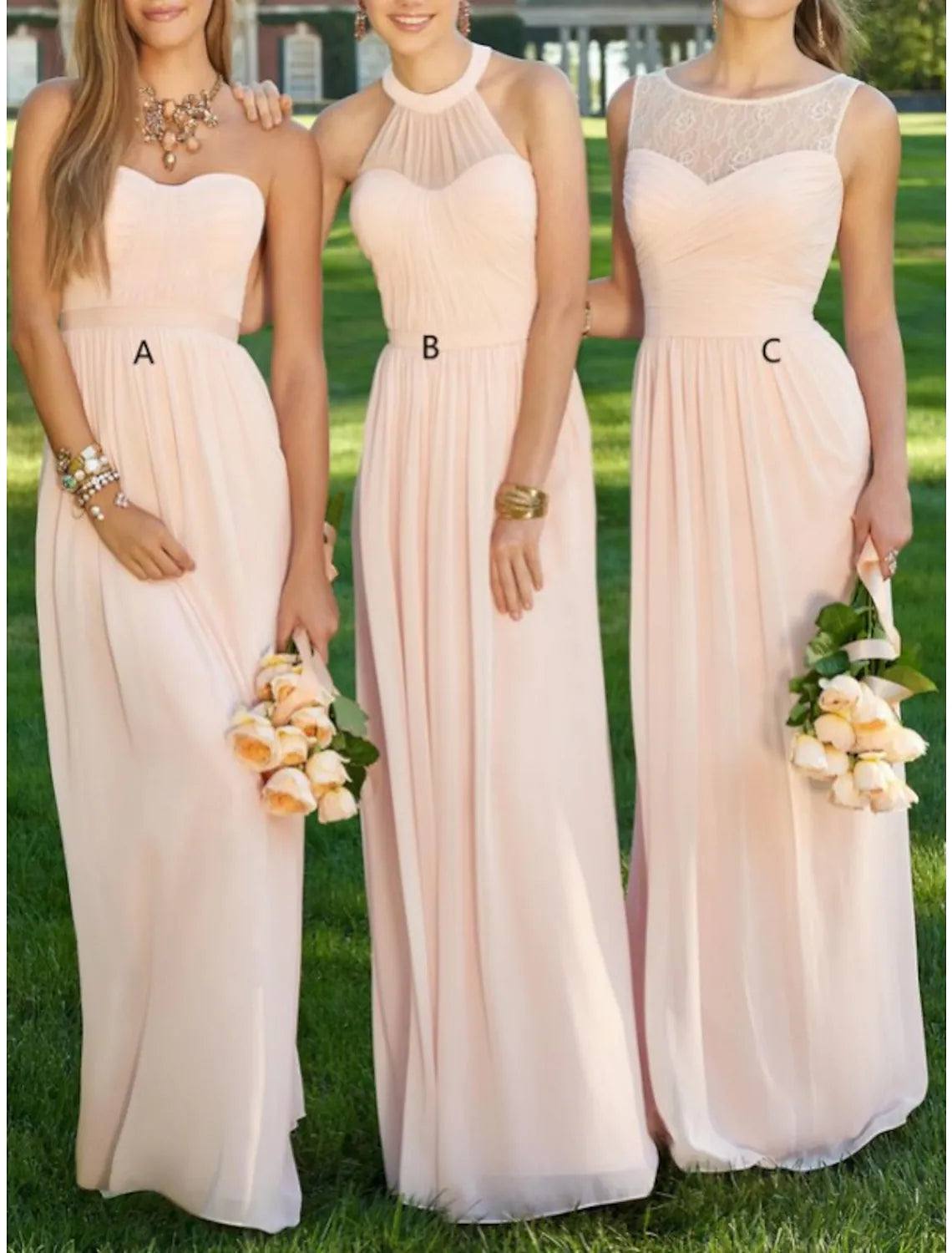 Sheath / Column Bridesmaid Dress Halter / Sweetheart / Jewel Neck Sleeveless Beautiful Back Floor Length Chiffon with Pleats / Solid Color - RongMoon