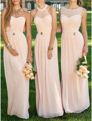 Sheath / Column Bridesmaid Dress Halter / Sweetheart / Jewel Neck Sleeveless Beautiful Back Floor Length Chiffon with Pleats / Solid Color - RongMoon