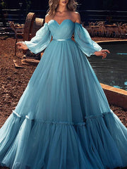 Blue Quinceanera Long Sleeve Tulle Prom Dress