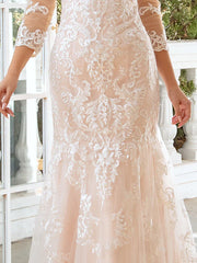 Engagement Formal Wedding Dresses Sweep / Brush Train Mermaid / Trumpet Long Sleeve Sweetheart Lace With Appliques