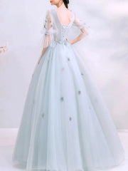 Gray Floral Half Sleeve Appliques V Neck Prom Dress
