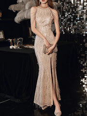 High Neck Sequin Gold Beading Prom Dress