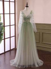Sage Green Tulle Long Sleeve 3D Flower Prom Dress