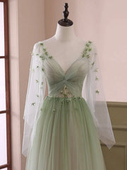 Sage Green Tulle Long Sleeve 3D Flower Prom Dress