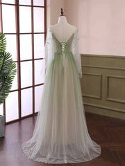 Sage Green Tulle Long Sleeve 3D Flower Prom Dress