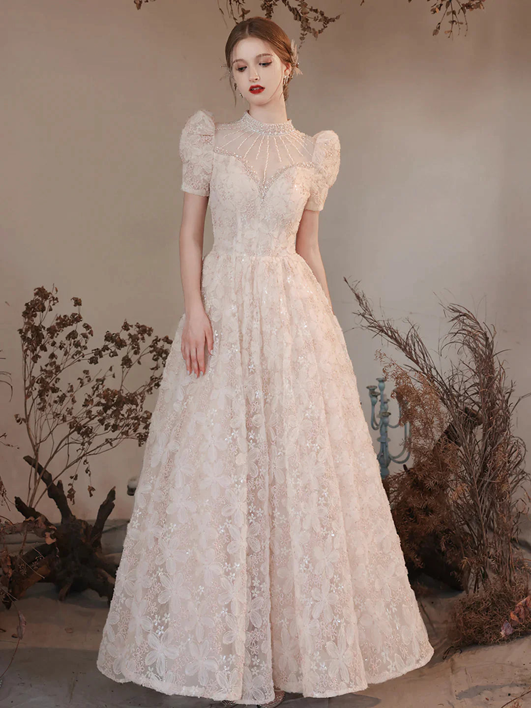 Beading High Neck Short Sleeve A Line Princess Prom Dress