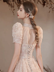 Beading High Neck Short Sleeve A Line Princess Prom Dress