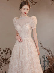 Beading High Neck Short Sleeve A Line Princess Prom Dress
