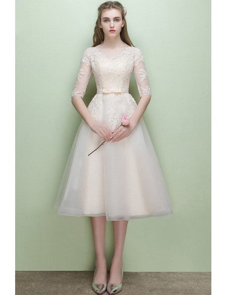 Light Champagne Lace Half Sleeve Tea Length  Wedding Reception Dress