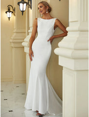 Reception Casual Wedding Dresses Mermaid / Trumpet Scoop Neck Sleeveless Sweep / Brush Train Stretch Fabric Bridal Gowns With Beading Solid Color