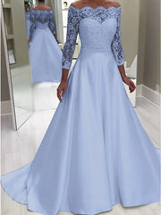 A Line Satin Off The Shoulder Long Sleeve Wedding Dress