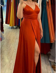A-Line Bridesmaid Dress V Neck / Spaghetti Strap Sleeveless Elegant Floor Length Satin with Split Front / Solid Color - RongMoon