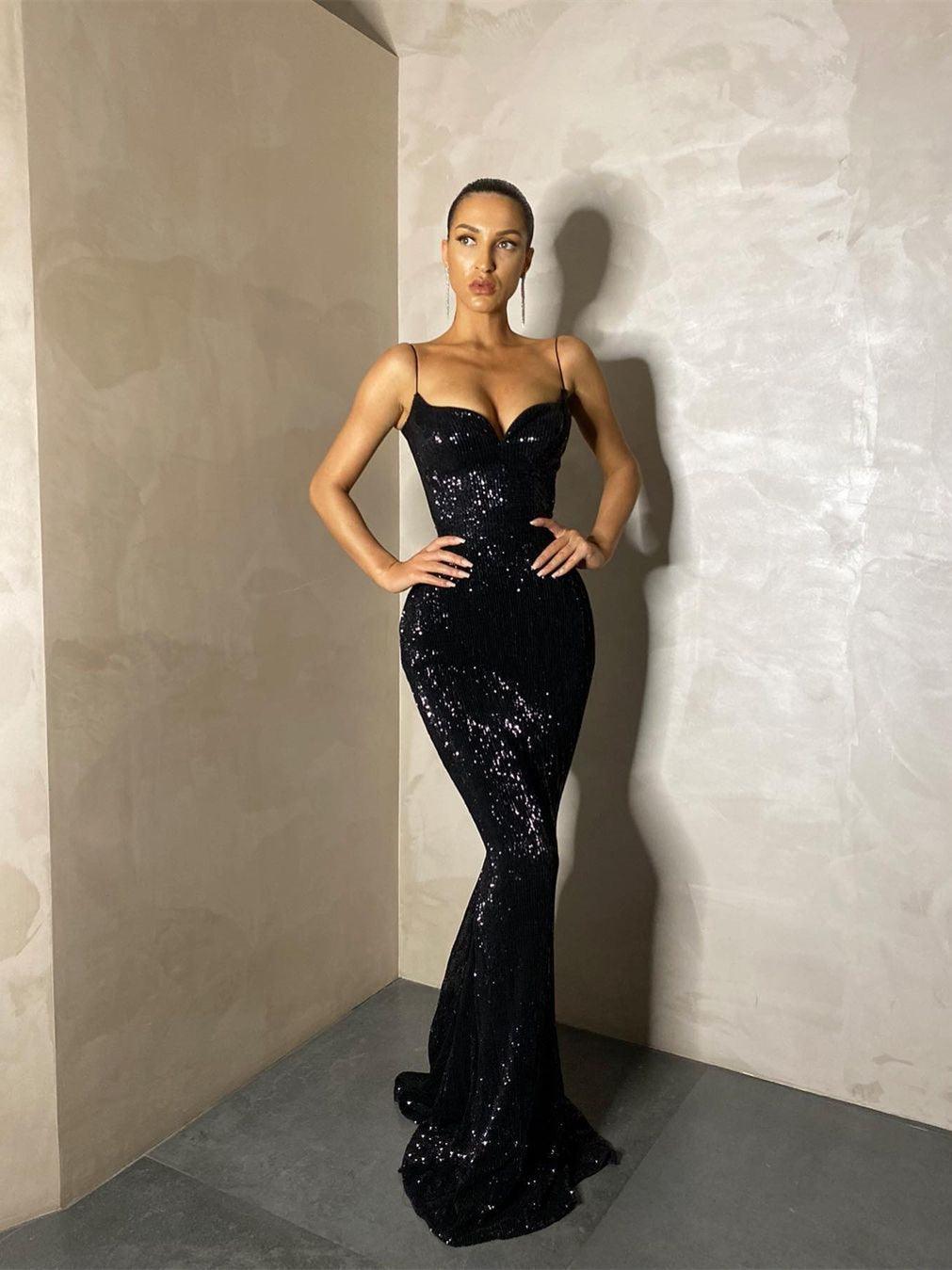 Spaghetti Long Mermaid Black Fitted Sequin Prom Dresses, Popular Prom Dresses, Newest Prom Dresses, Affordable Prom Dresses - RongMoon