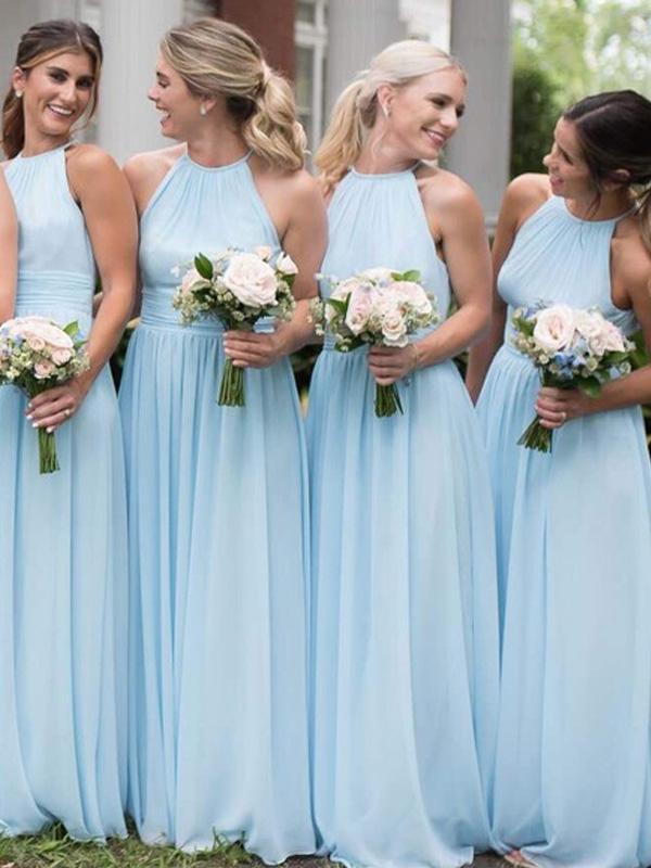 Light Blue Long A-line Chiffon Bridesmaid Dresses - RongMoon