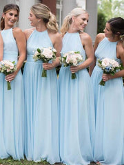 Light Blue Long A-line Chiffon Bridesmaid Dresses - RongMoon