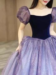 Ball Gown Prom Dresses Cute Dress Engagement Floor Length Short Sleeve Square Neck Tulle with Sequin Splicing
