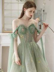 High Low Tulle A Line Green Floral Prom Dress