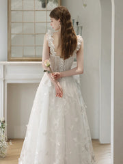 3D Butterflies White Tulle Princess Wedding Dress