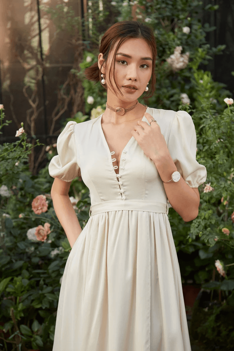 Long dress / Silk dress / Vintage dress/ Summer dress/ Wedding dress/ Bridesmaid dresses/ Engagement dress/ Slip dress/ Pearl Button - RongMoon