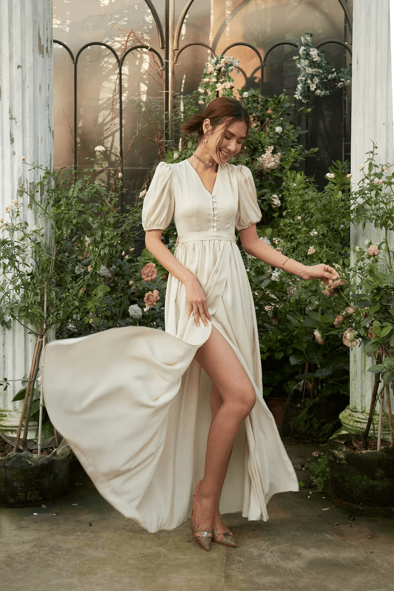 Long dress / Silk dress / Vintage dress/ Summer dress/ Wedding dress/ Bridesmaid dresses/ Engagement dress/ Slip dress/ Pearl Button - RongMoon
