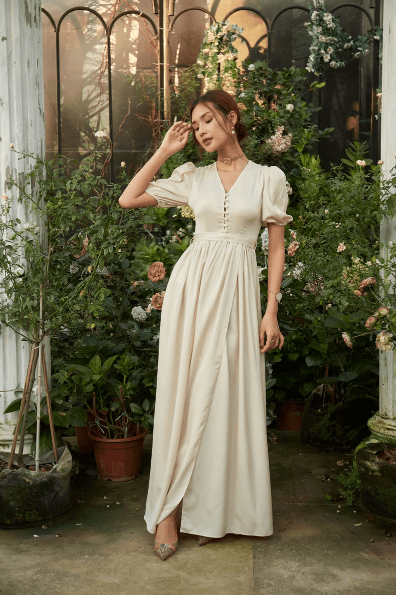 Long dress / Silk dress / Vintage dress/ Summer dress/ Wedding dress/ Bridesmaid dresses/ Engagement dress/ Slip dress/ Pearl Button - RongMoon