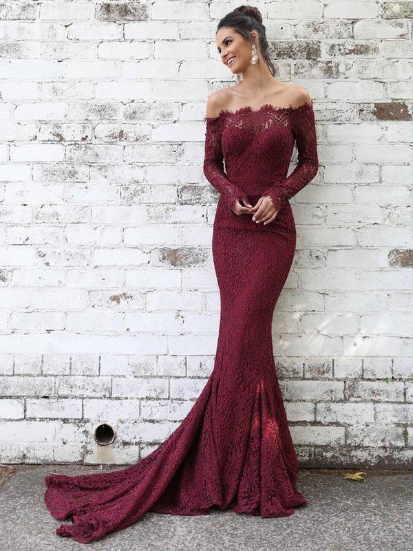 Off Shoulder Mermaid Lace Long Sleeves Prom Dresses - RongMoon